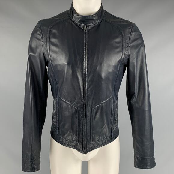 ELIE TAHARI Size S Navy Leather Zip Up Jacket - Picture 1 of 6
